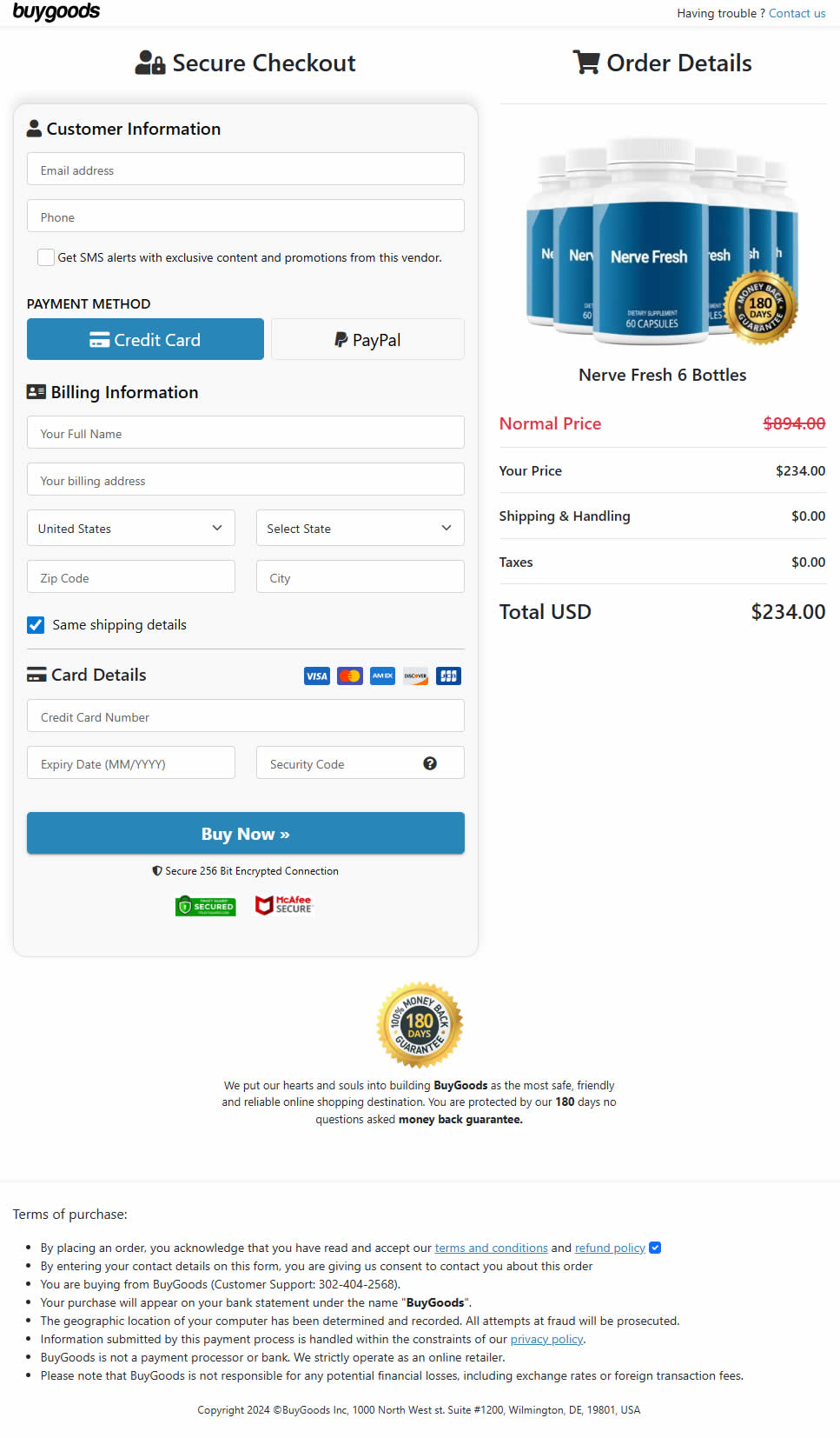 Nerve Fresh Order Checkout Page